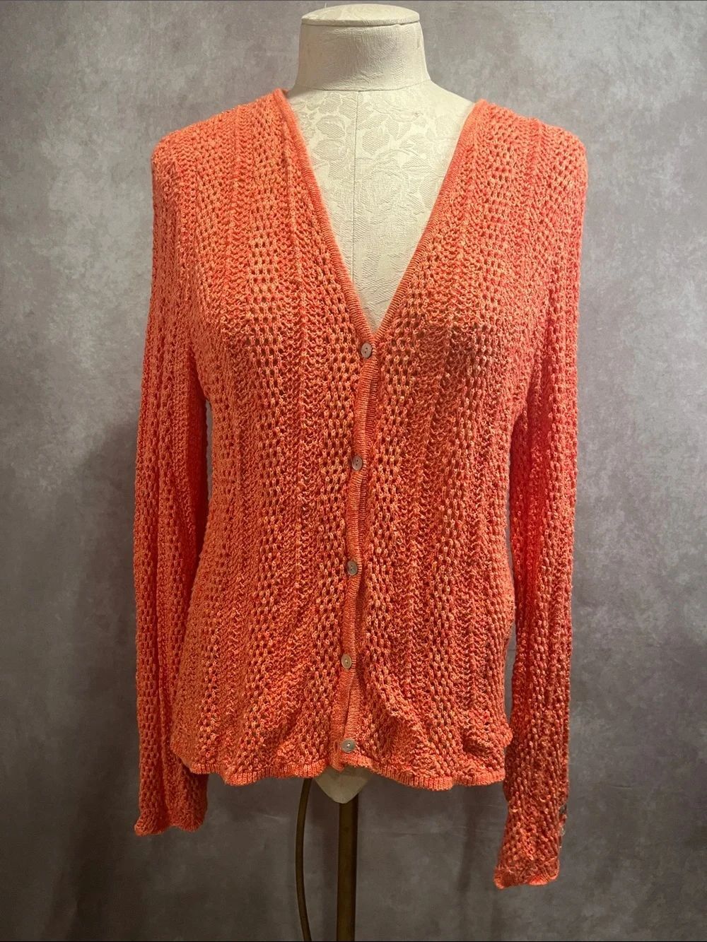 Sundance Open Knit Button-Front Cotton Cardigan in Coral Orange size large